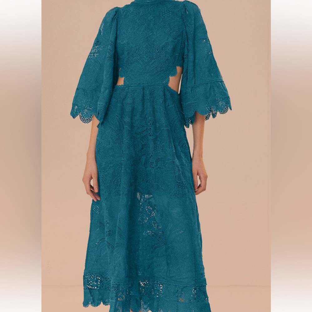 Farm Rio Green Guipire Cut-Out Midi Dress